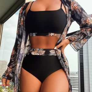 3pack Random Tropical Print High Waist Bikini Swimsuit & Kimono